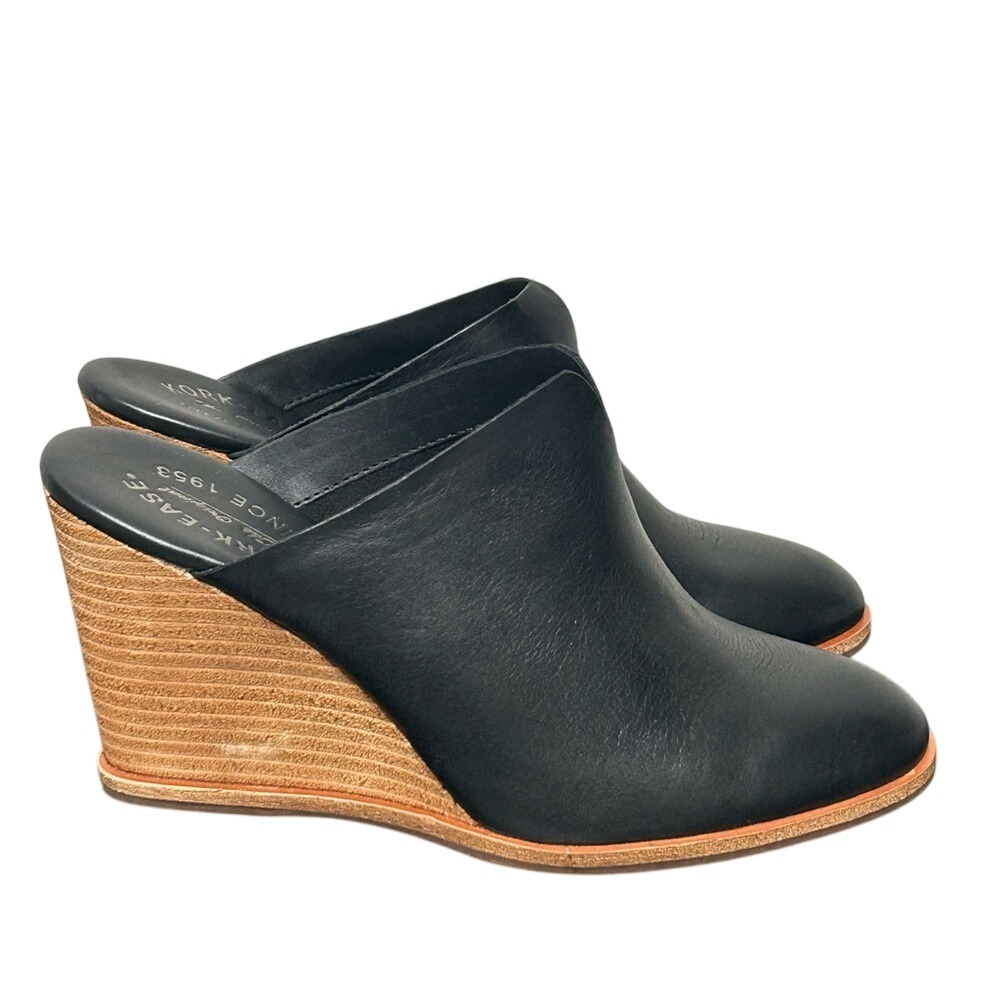 Kork Ease Black Leather Wedge Mules‎ Size 9M 70s Revival Vibes Boho Chic